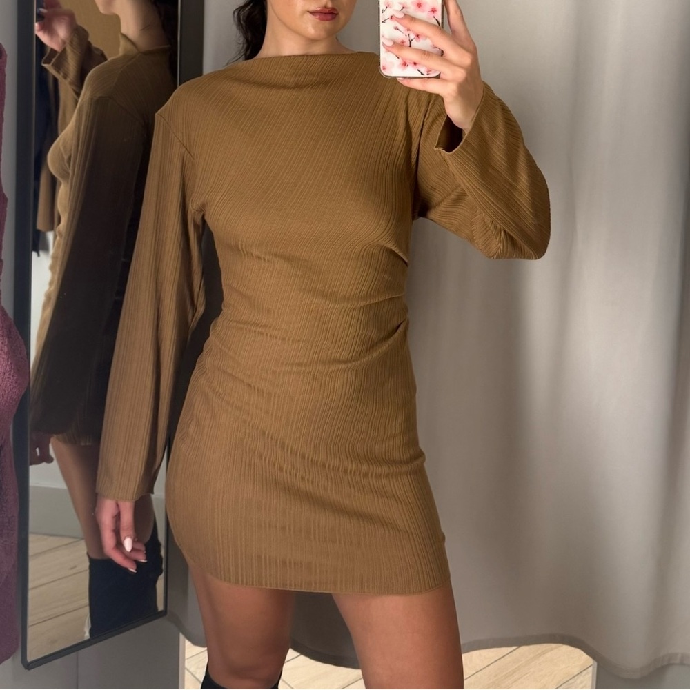 Tan Ribbed Long Sleeve mini dress